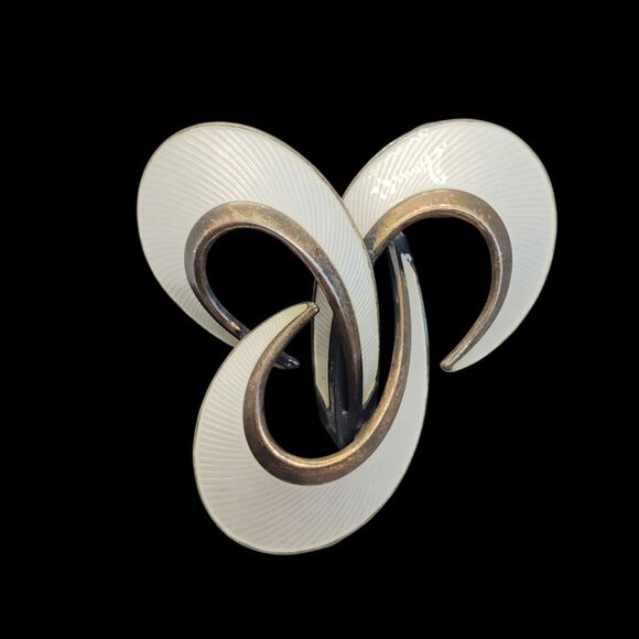 Hroar Prydz Jewelry - Hroar Prydz Norway Sterling Silver Guilloche Enamel Brooch White Swirl Loops
